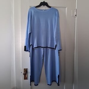 Womens💙Light Blue🩵 Color Block Contrast Trim Crew Neck Two-Piece Lounge Set XL